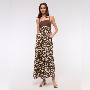Abercrombie & Fitch Brown and Cream Printed Linen Maxi Dress